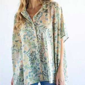 Natural Life Womens Floral Cotton Button Down Shirt Oversized Short Sleeve Top
